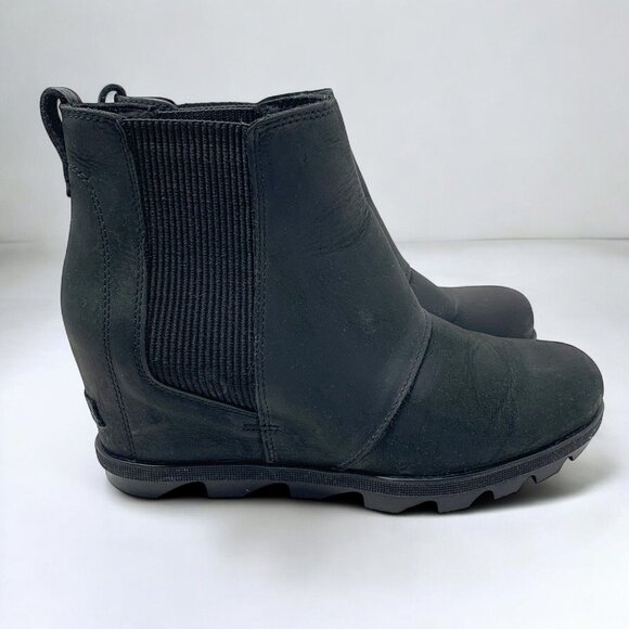 Sorel Joan Rhapsody Chelsea Wedge Ankle Boots Black Leather Size 10 - Picture 1 of 9